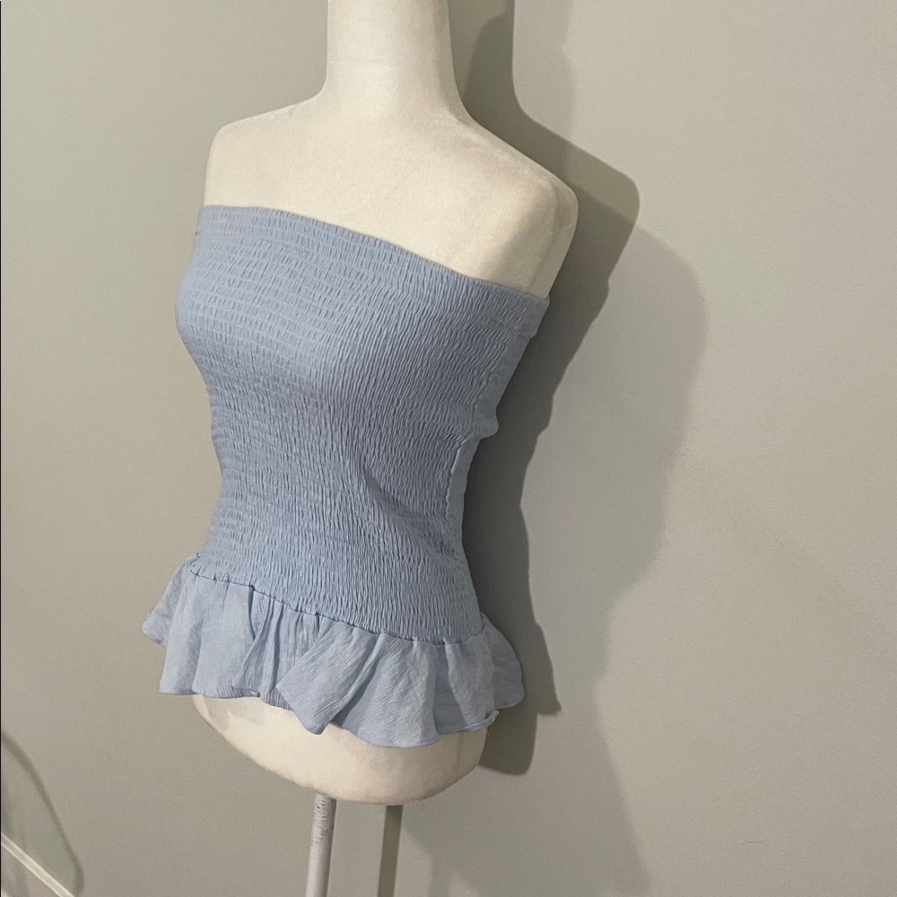 Light Blue Strapless Top with Ruffle Hem - Picture 3 of 5